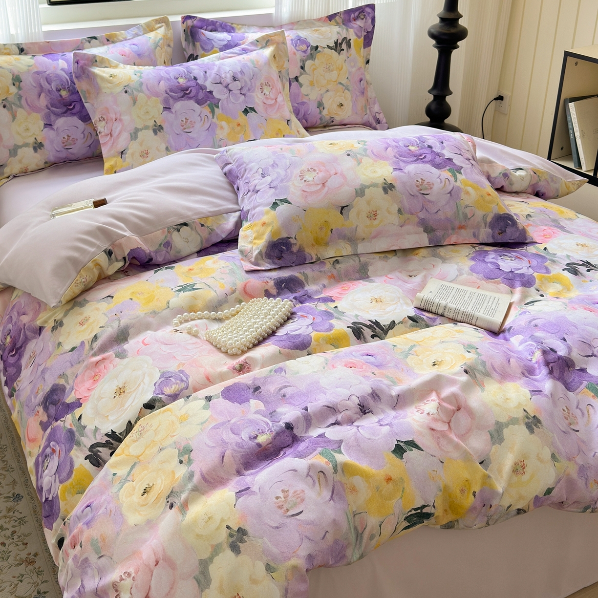 91家纺网 家纺一手货源 找家纺 典雅家纺 2025新款A类140克秋冬加厚磨毛数码印花四件套磨毛四件套 花海-熏衣紫