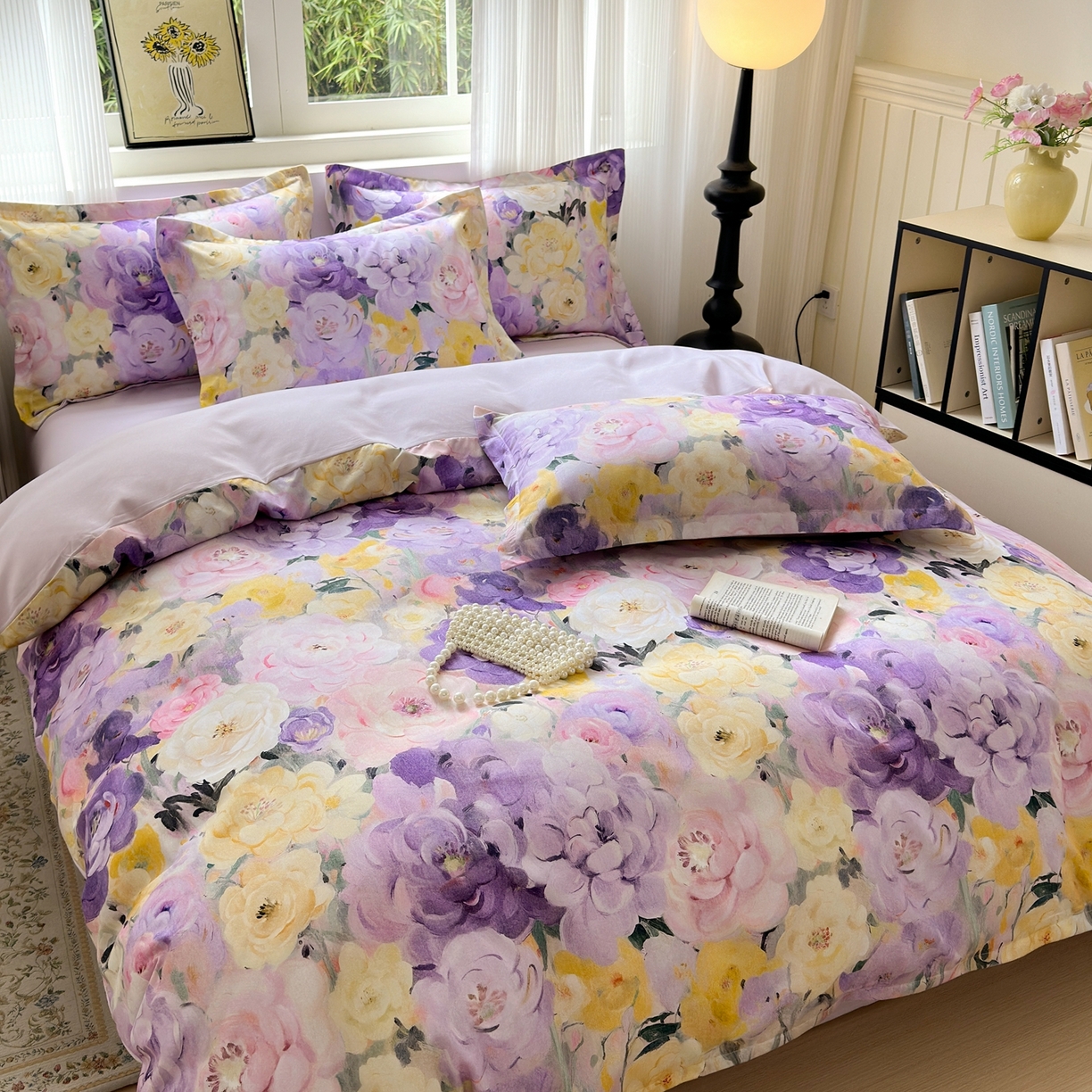 91家纺网 家纺一手货源 找家纺 典雅家纺 2025新款A类140克秋冬加厚磨毛数码印花四件套磨毛四件套 花海-熏衣紫