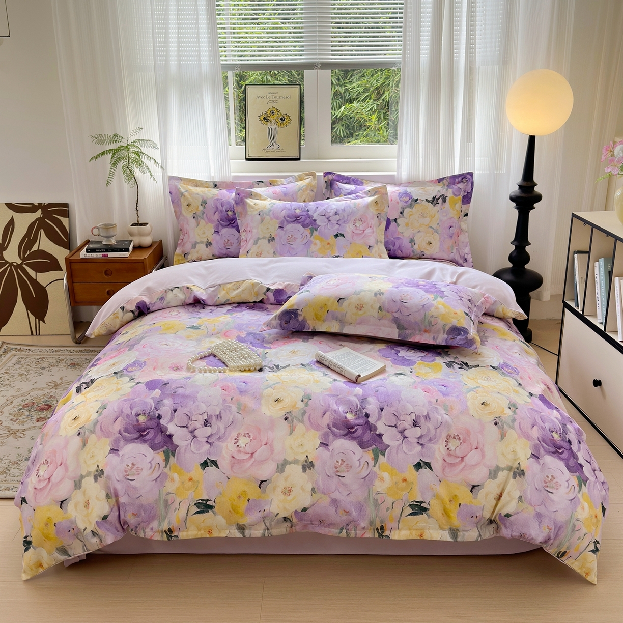 典雅家纺 2025新款A类140克秋冬加厚磨毛数码印花四件套磨毛四件套 花海-熏衣紫