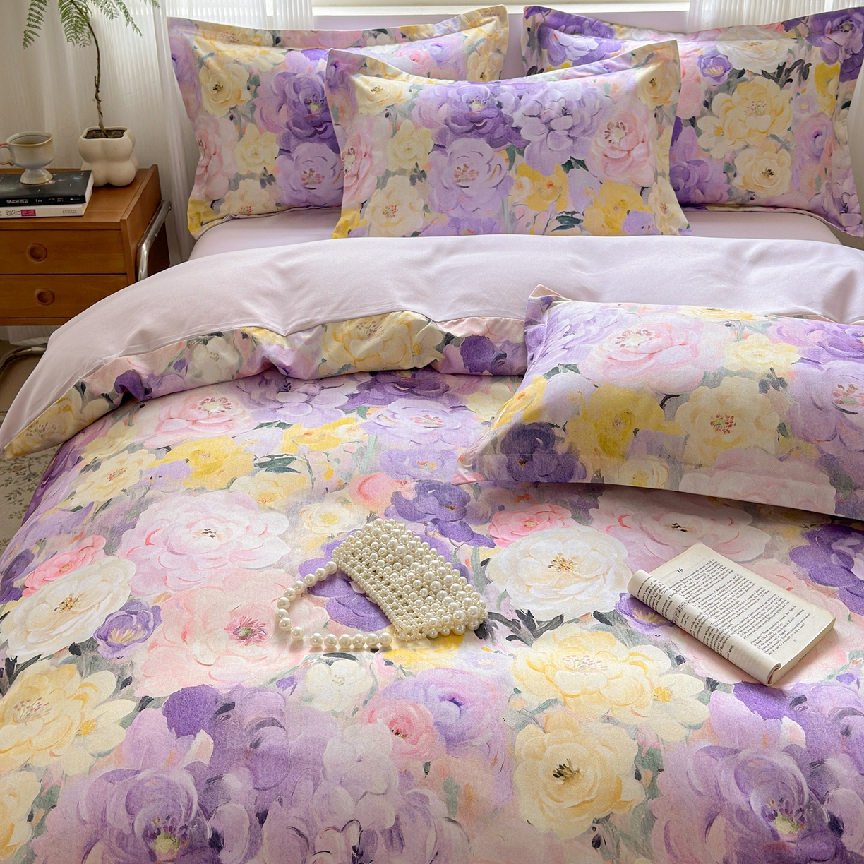 91家纺网 家纺一手货源 找家纺 典雅家纺 2025新款A类140克秋冬加厚磨毛数码印花四件套磨毛四件套 花海-熏衣紫