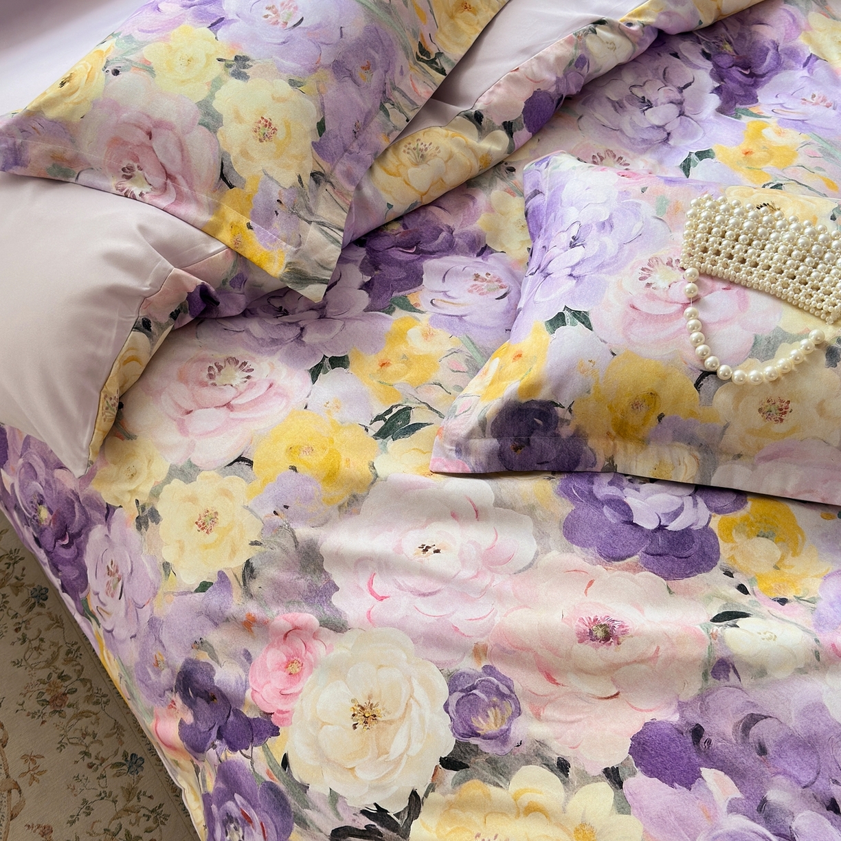 91家纺网 家纺一手货源 找家纺 典雅家纺 2025新款A类140克秋冬加厚磨毛数码印花四件套磨毛四件套 花海-熏衣紫