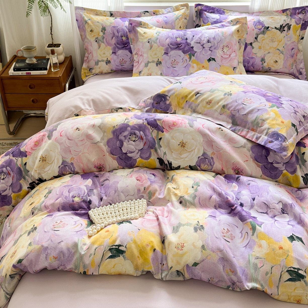 91家纺网 家纺一手货源 找家纺 典雅家纺 2025新款A类140克秋冬加厚磨毛数码印花四件套磨毛四件套 花海-熏衣紫