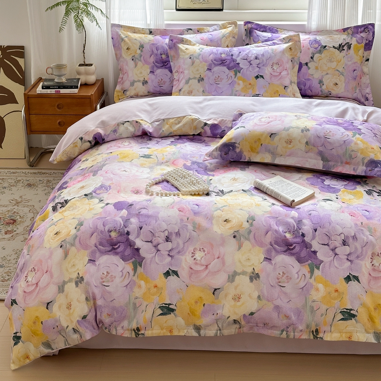 91家纺网 家纺一手货源 找家纺 典雅家纺 2025新款A类140克秋冬加厚磨毛数码印花四件套磨毛四件套 花海-熏衣紫