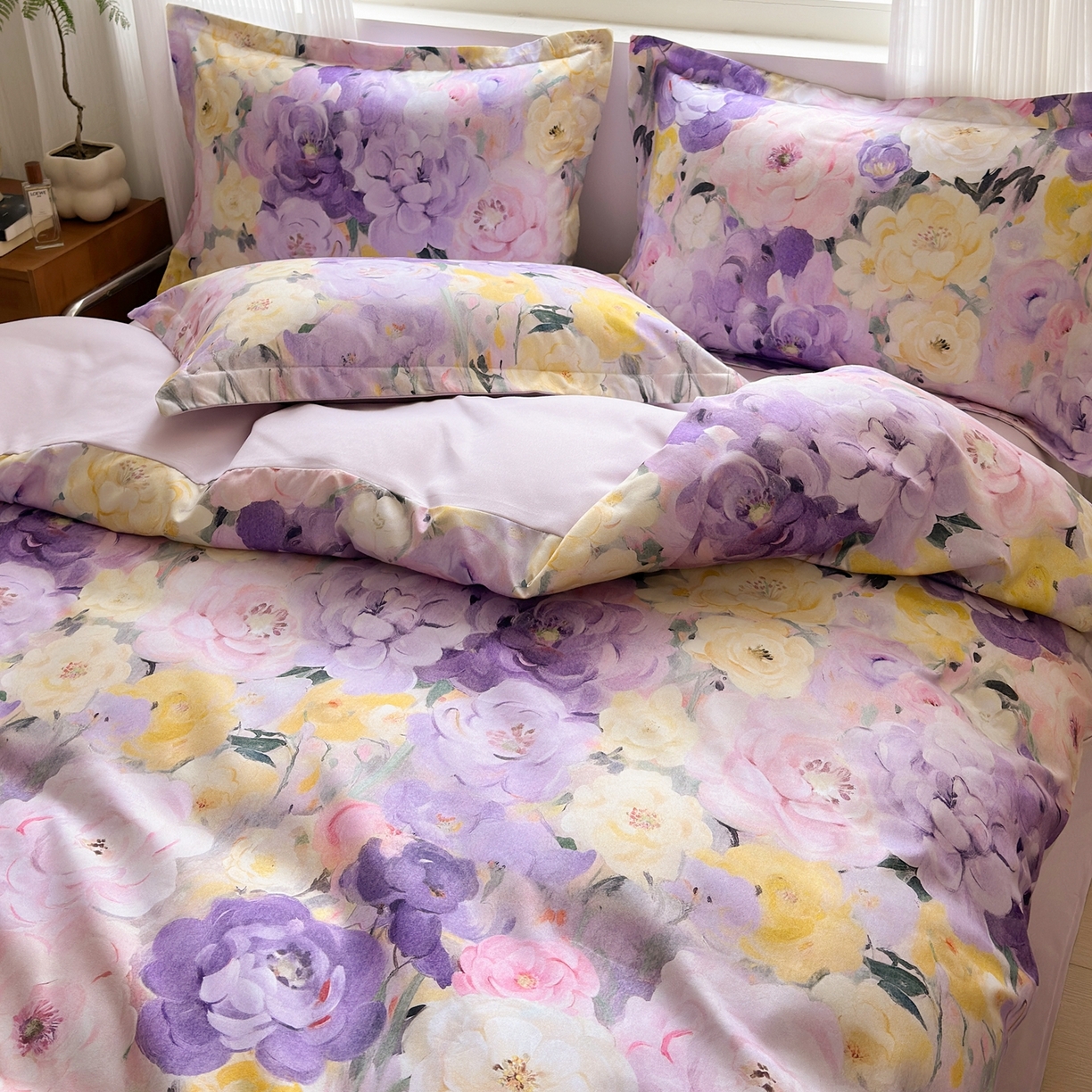 91家纺网 家纺一手货源 找家纺 典雅家纺 2025新款A类140克秋冬加厚磨毛数码印花四件套磨毛四件套 花海-熏衣紫