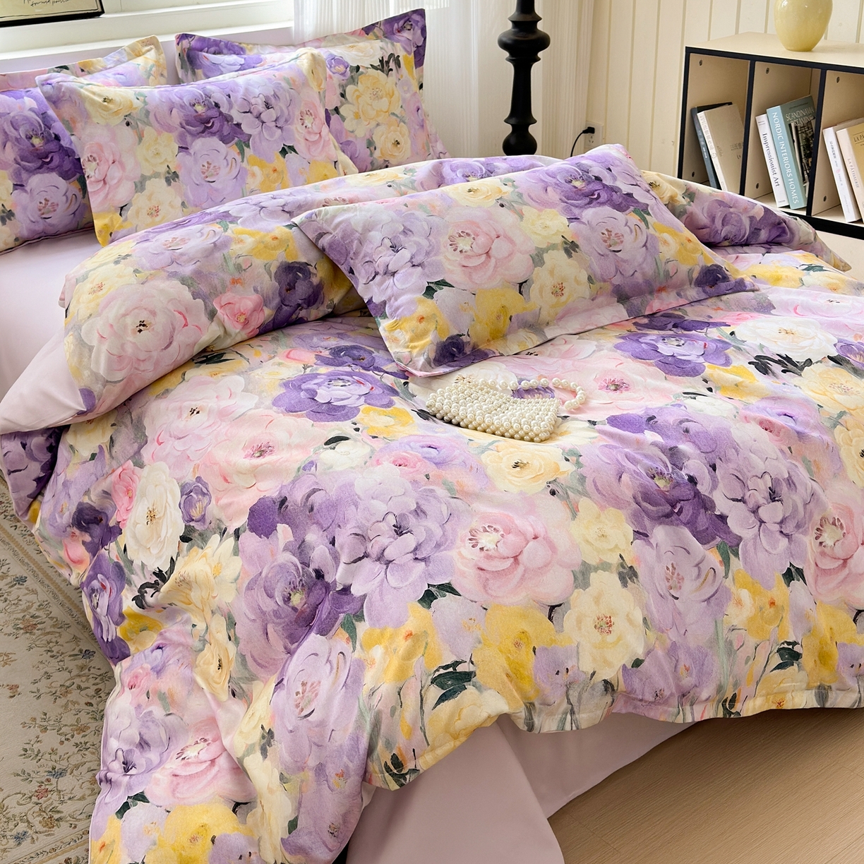 91家纺网 家纺一手货源 找家纺 典雅家纺 2025新款A类140克秋冬加厚磨毛数码印花四件套磨毛四件套 花海-熏衣紫