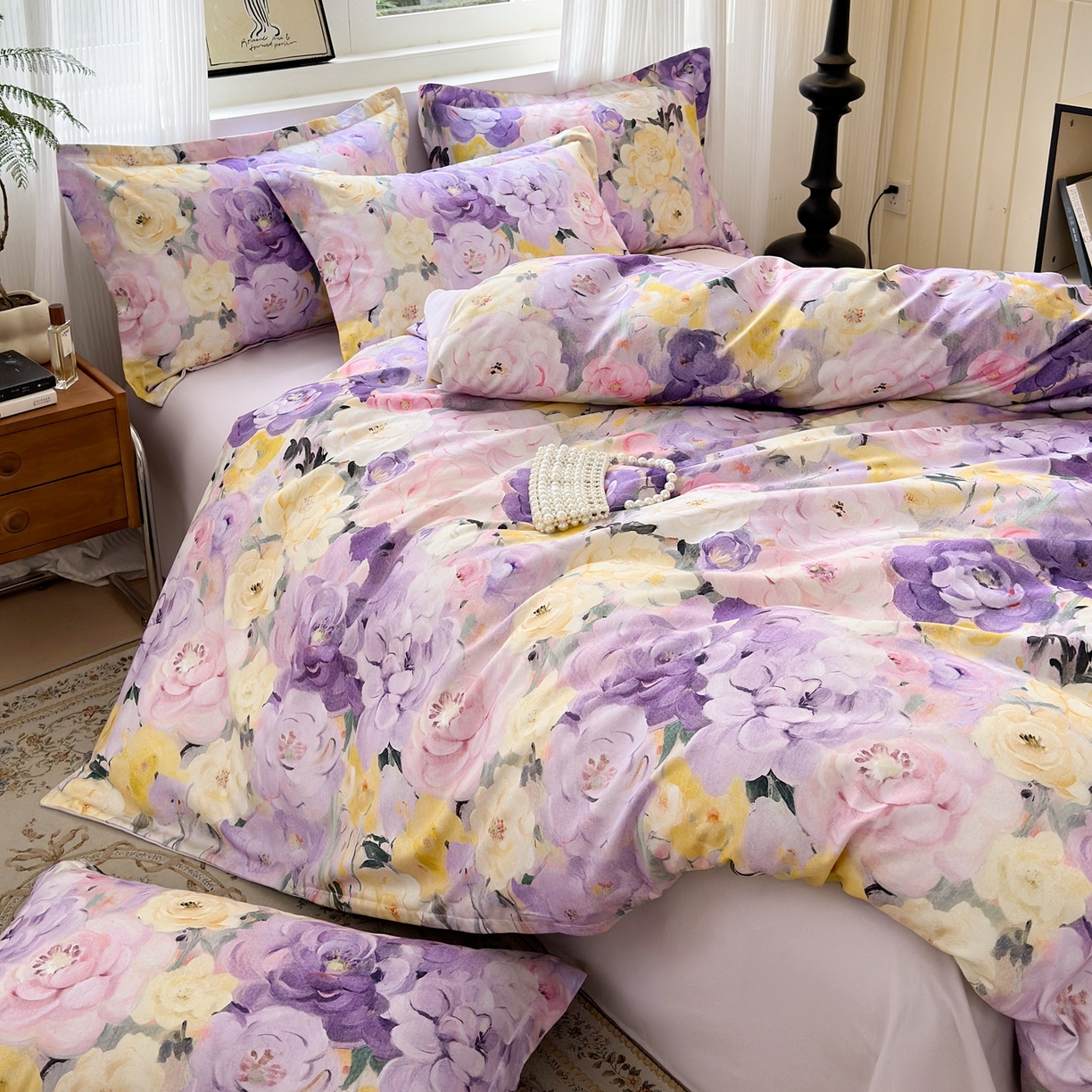 91家纺网 家纺一手货源 找家纺 典雅家纺 2025新款A类140克秋冬加厚磨毛数码印花四件套磨毛四件套 花海-熏衣紫