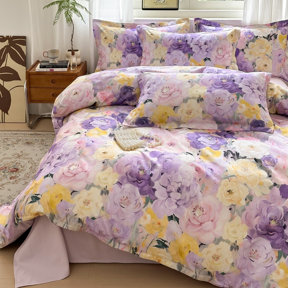 91家纺网 家纺一手货源 找家纺 典雅家纺 2025新款A类140克秋冬加厚磨毛数码印花四件套磨毛四件套 花海-熏衣紫