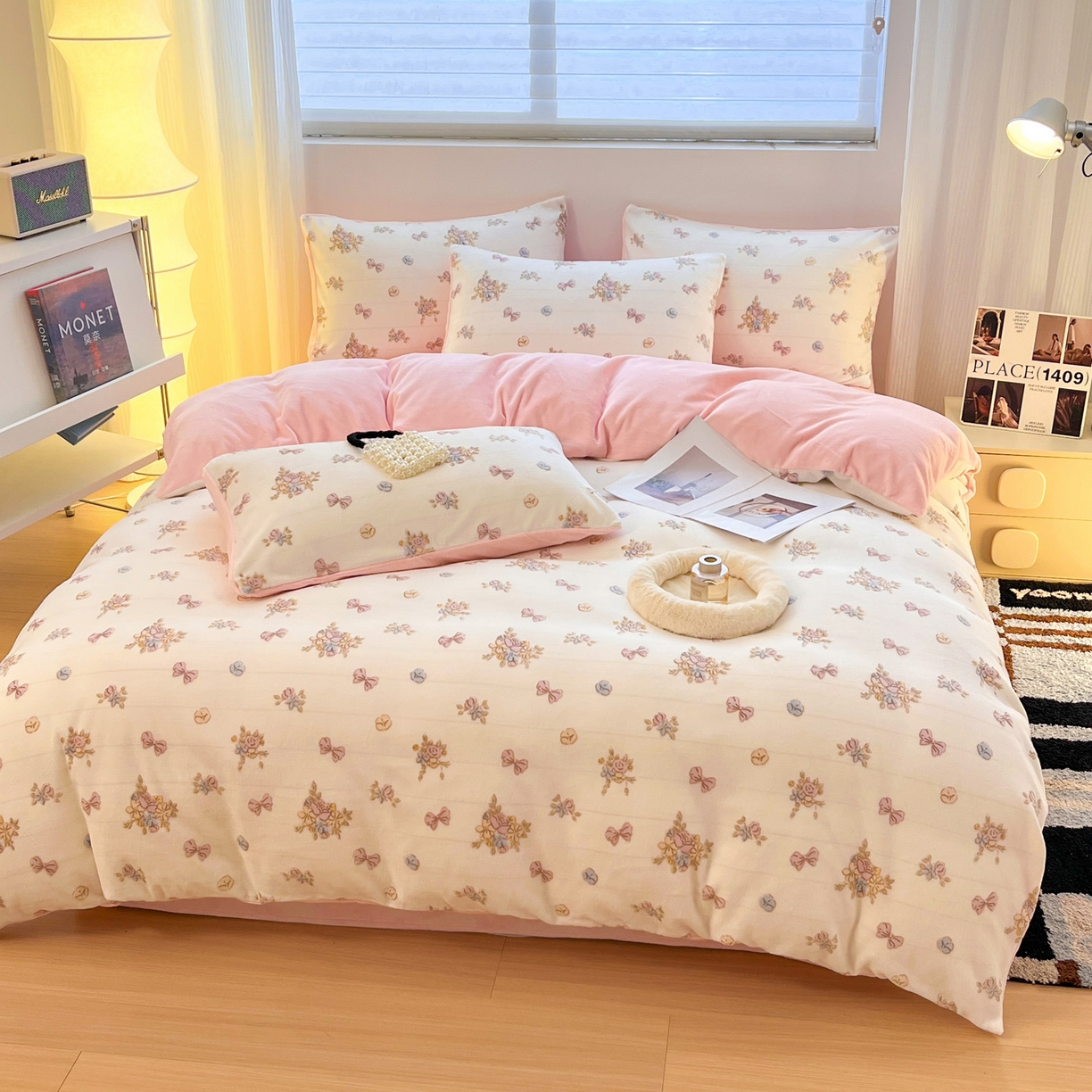 91家纺网 家纺一手货源 找家纺 如一 2025新款3D雕花绒牛奶绒四件套第二批 豆蔻-粉