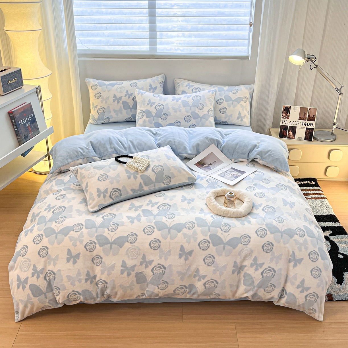 91家纺网 家纺一手货源 找家纺 如一 2025新款3D雕花绒牛奶绒四件套第二批 蝴蝶-天蓝