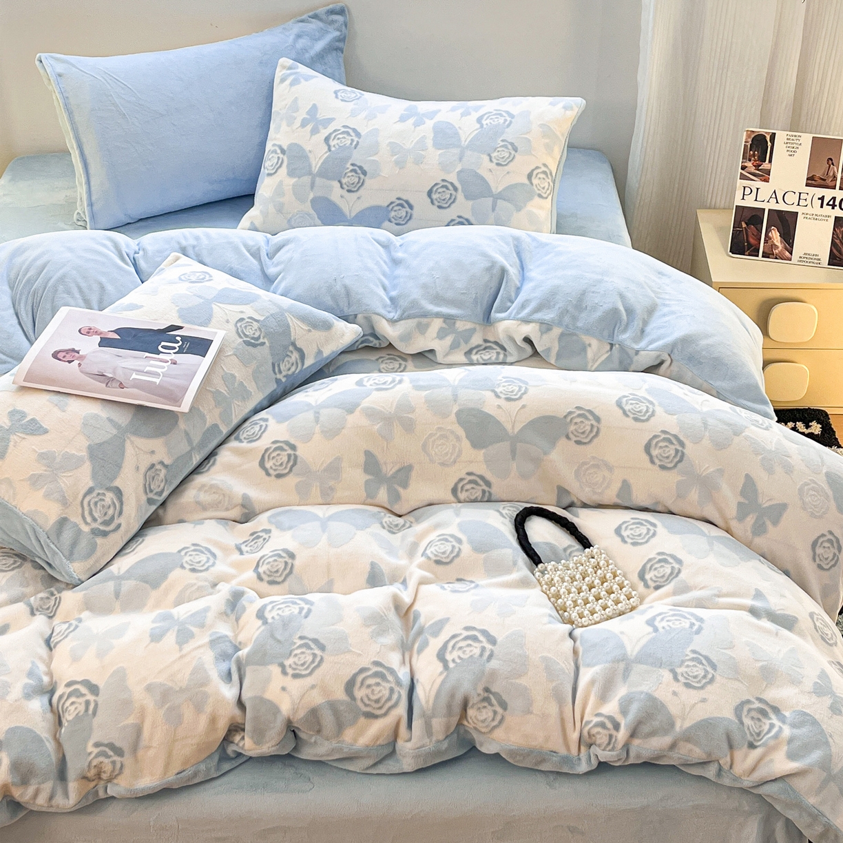 91家纺网 家纺一手货源 找家纺 如一 2025新款3D雕花绒牛奶绒四件套第二批 蝴蝶-天蓝