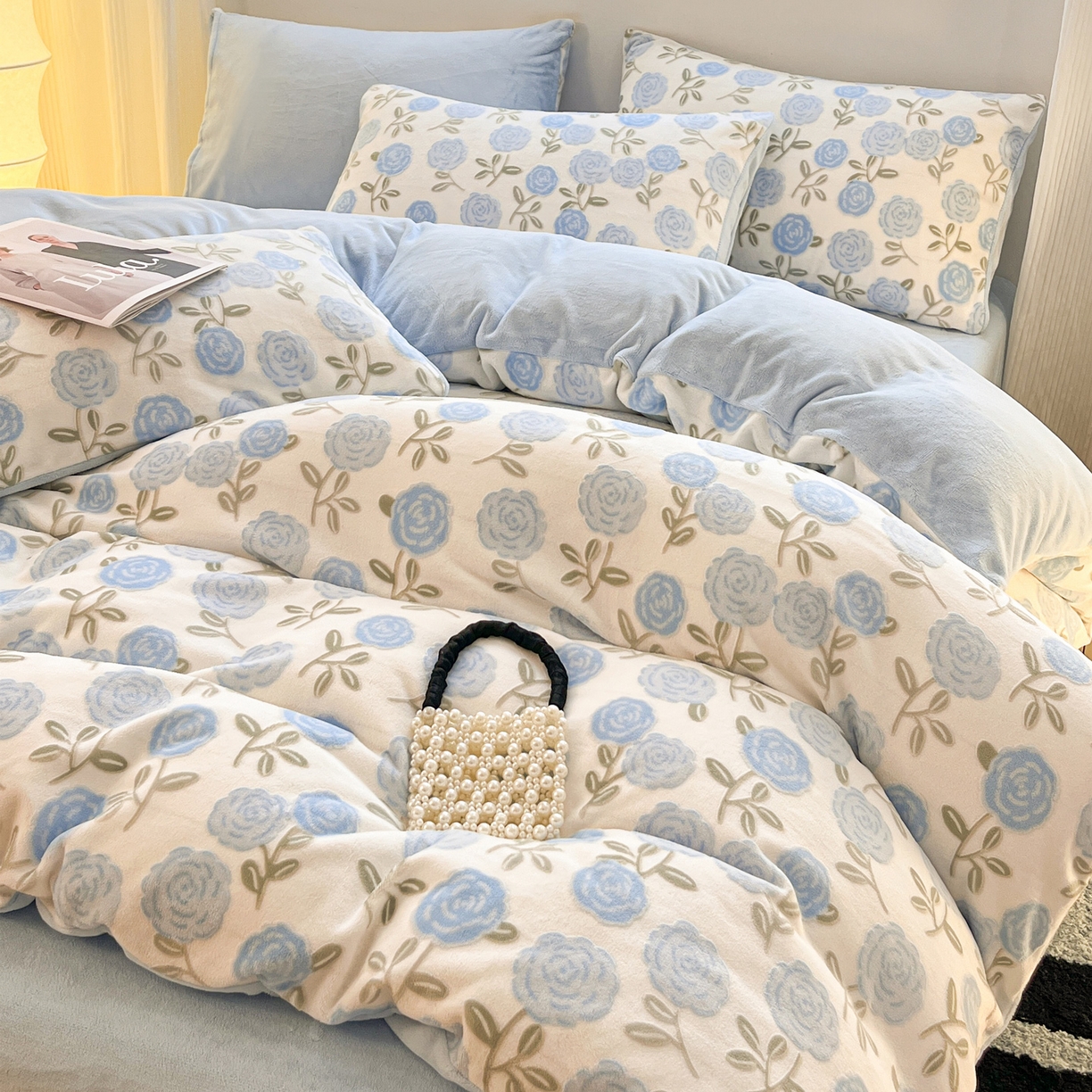 91家纺网 家纺一手货源 找家纺 如一 2025新款3D雕花绒牛奶绒四件套第二批 繁花-天蓝