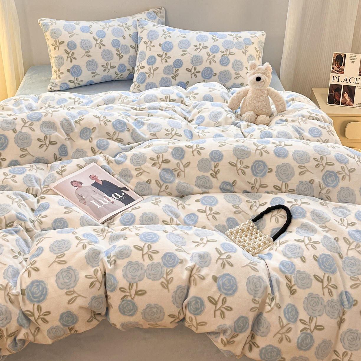 91家纺网 家纺一手货源 找家纺 如一 2025新款3D雕花绒牛奶绒四件套第二批 繁花-天蓝