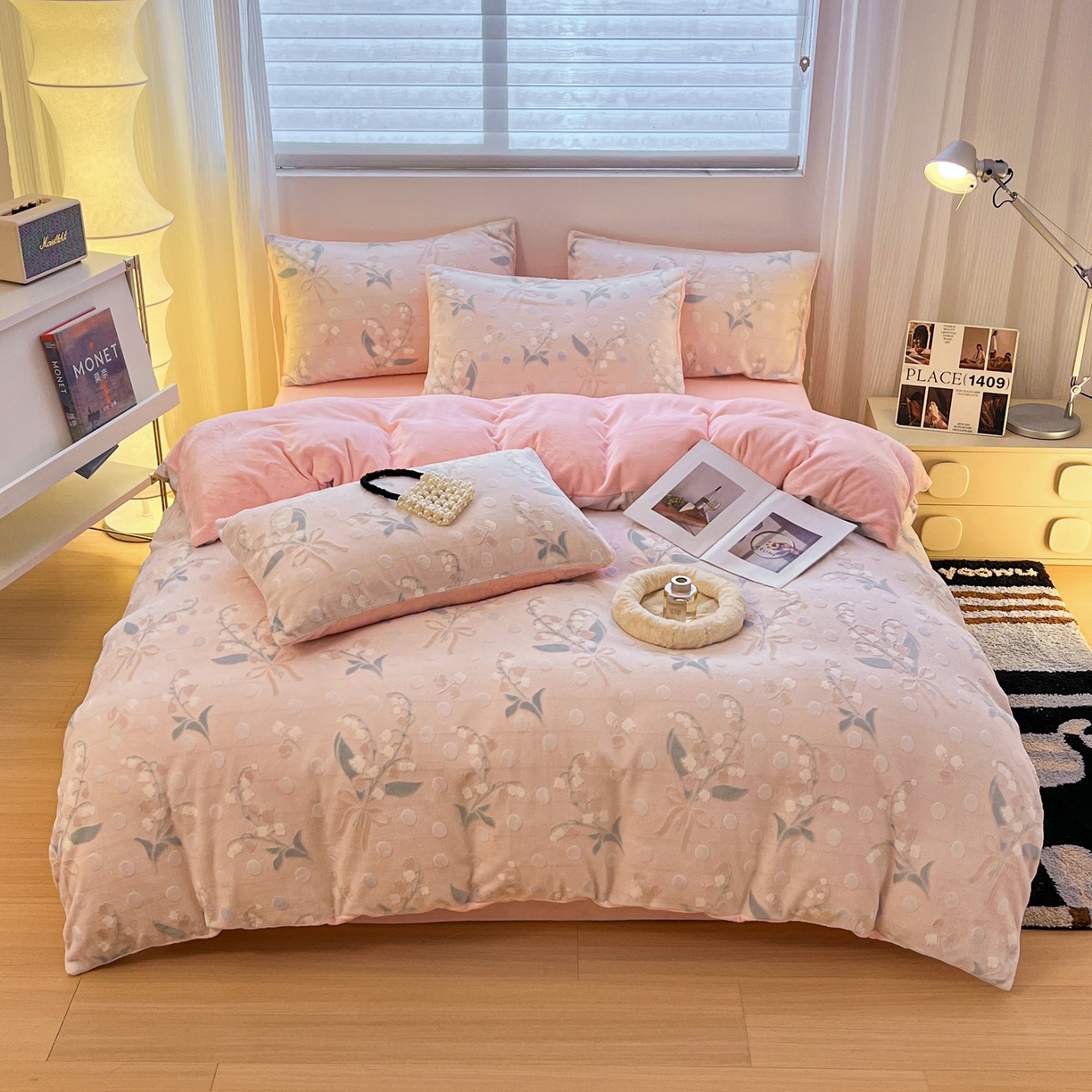 91家纺网 家纺一手货源 找家纺 如一 2025新款3D雕花绒牛奶绒四件套第二批 花颜-粉