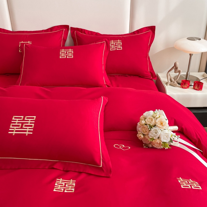 91家纺网 家纺一手货源 找家纺 花愿（原花纪） 2026新款婚庆刺绣四件套（礼盒款） 满心欢喜