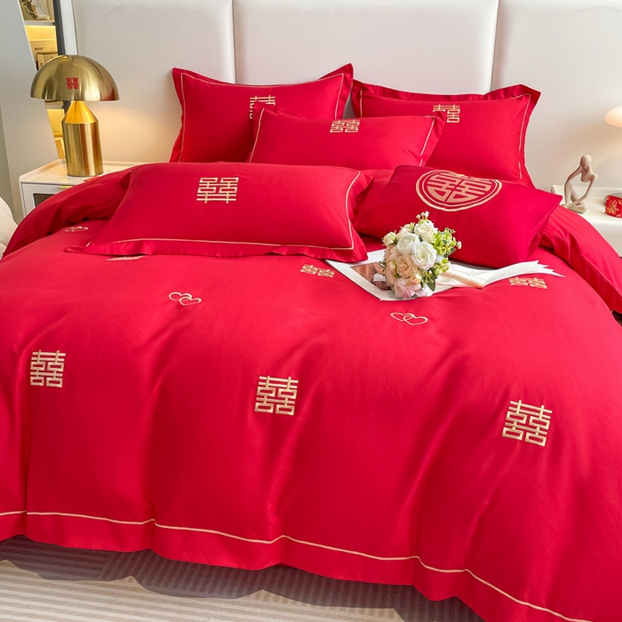 91家纺网 家纺一手货源 找家纺 花愿（原花纪） 2026新款婚庆刺绣四件套（礼盒款） 满心欢喜