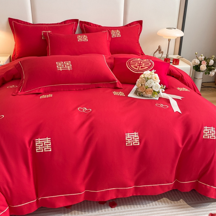 91家纺网 家纺一手货源 找家纺 花愿（原花纪） 2026新款婚庆刺绣四件套（礼盒款） 满心欢喜