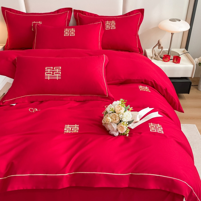 91家纺网 家纺一手货源 找家纺 花愿（原花纪） 2026新款婚庆刺绣四件套（礼盒款） 满心欢喜