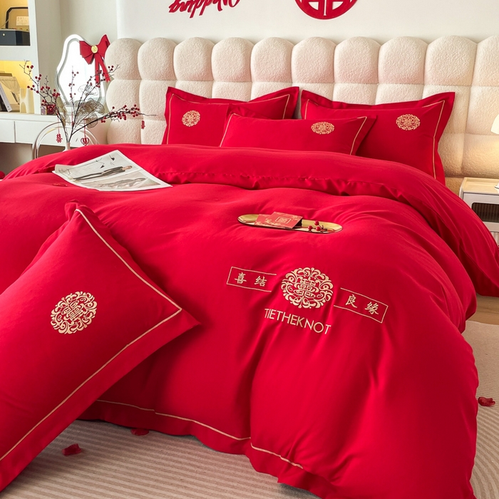 91家纺网 家纺一手货源 找家纺 花愿（原花纪） 2026新款婚庆刺绣四件套（礼盒款） 喜结良缘