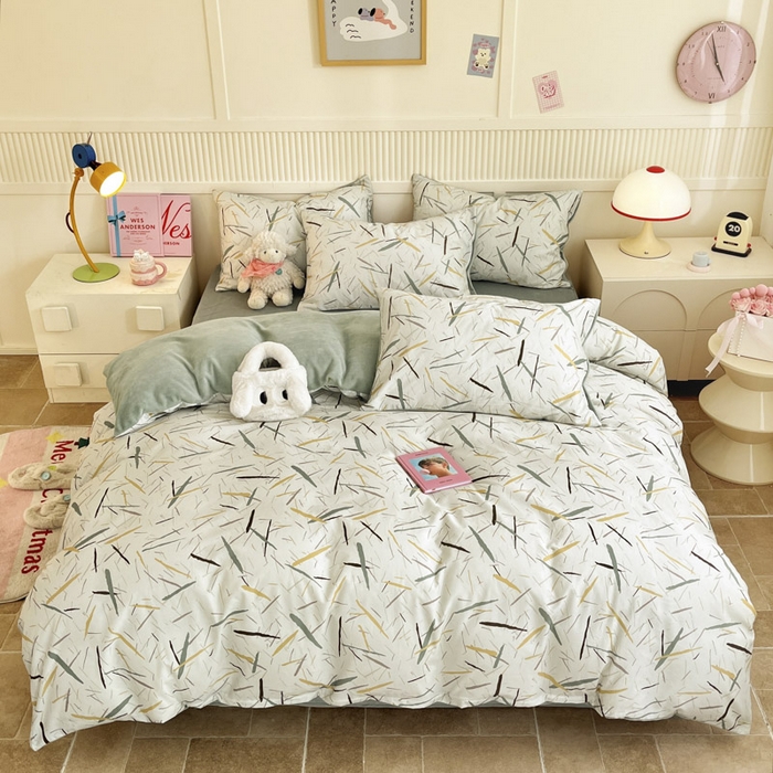 91家纺网 家纺一手货源 找家纺 晨希家居 2025A面40支全棉印花B版高克重牛奶绒棉加绒多规格套件棉加绒  浅叶竹风