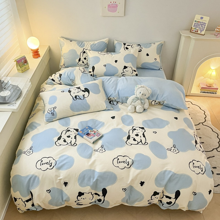 91家纺网 家纺一手货源 找家纺 晨希家居 2025A面40支全棉印花B版高克重牛奶绒棉加绒多规格套件棉加绒-奶牛猫