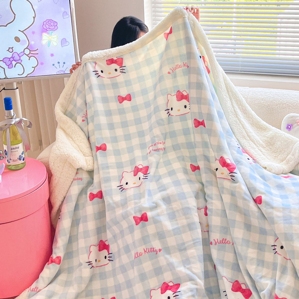 91家纺网 家纺一手货源 找家纺 暮思家居 2025新款三丽鸥正版授权少女可爱卡通加厚牛奶绒羊羔绒毛毯多功能四季毛毯 羊羔绒-乖巧KT