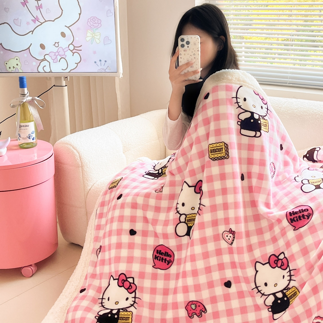 暮思家居 2025新款三丽鸥正版授权少女可爱卡通加厚牛奶绒羊羔绒毛毯多功能四季毛毯 羊羔绒-粉格KT