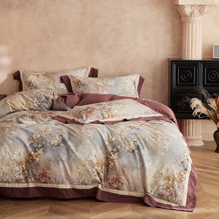 91家纺网 家纺一手货源 找家纺 简纯主义 2025新款全棉纯棉磨毛数码印花四件套-一路繁花 一路繁花-红