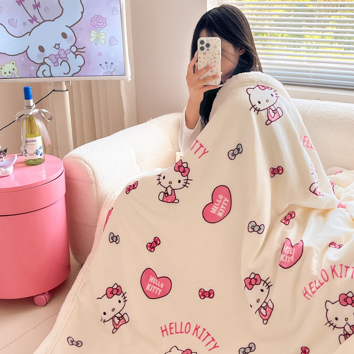 暮思家居 2025新款三丽鸥正版授权少女可爱卡通加厚牛奶绒羊羔绒毛毯多功能四季毛毯 羊羔绒-蝴蝶结美乐蒂