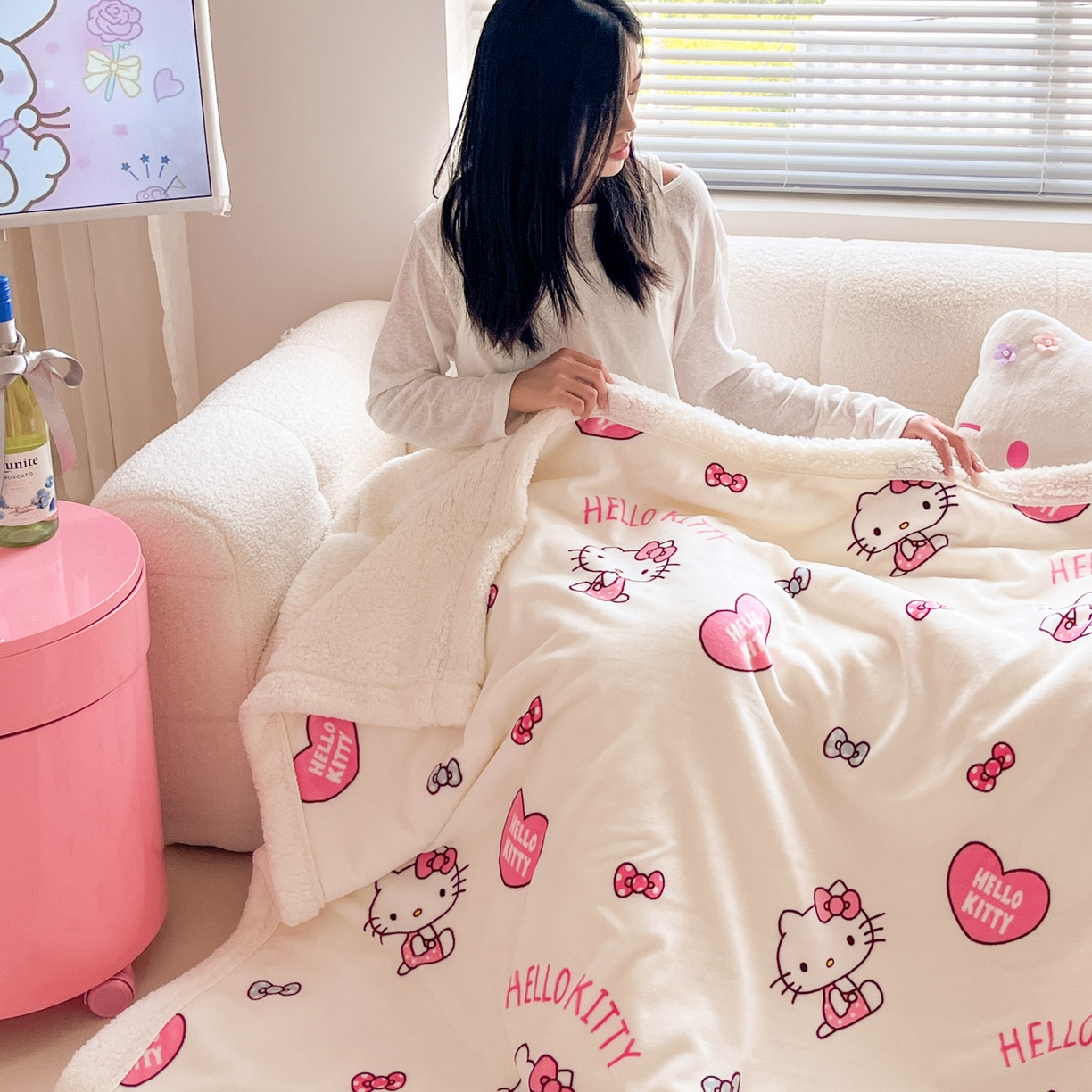 91家纺网 家纺一手货源 找家纺 暮思家居 2025新款三丽鸥正版授权少女可爱卡通加厚牛奶绒羊羔绒毛毯多功能四季毛毯 羊羔绒-蝴蝶结美乐蒂