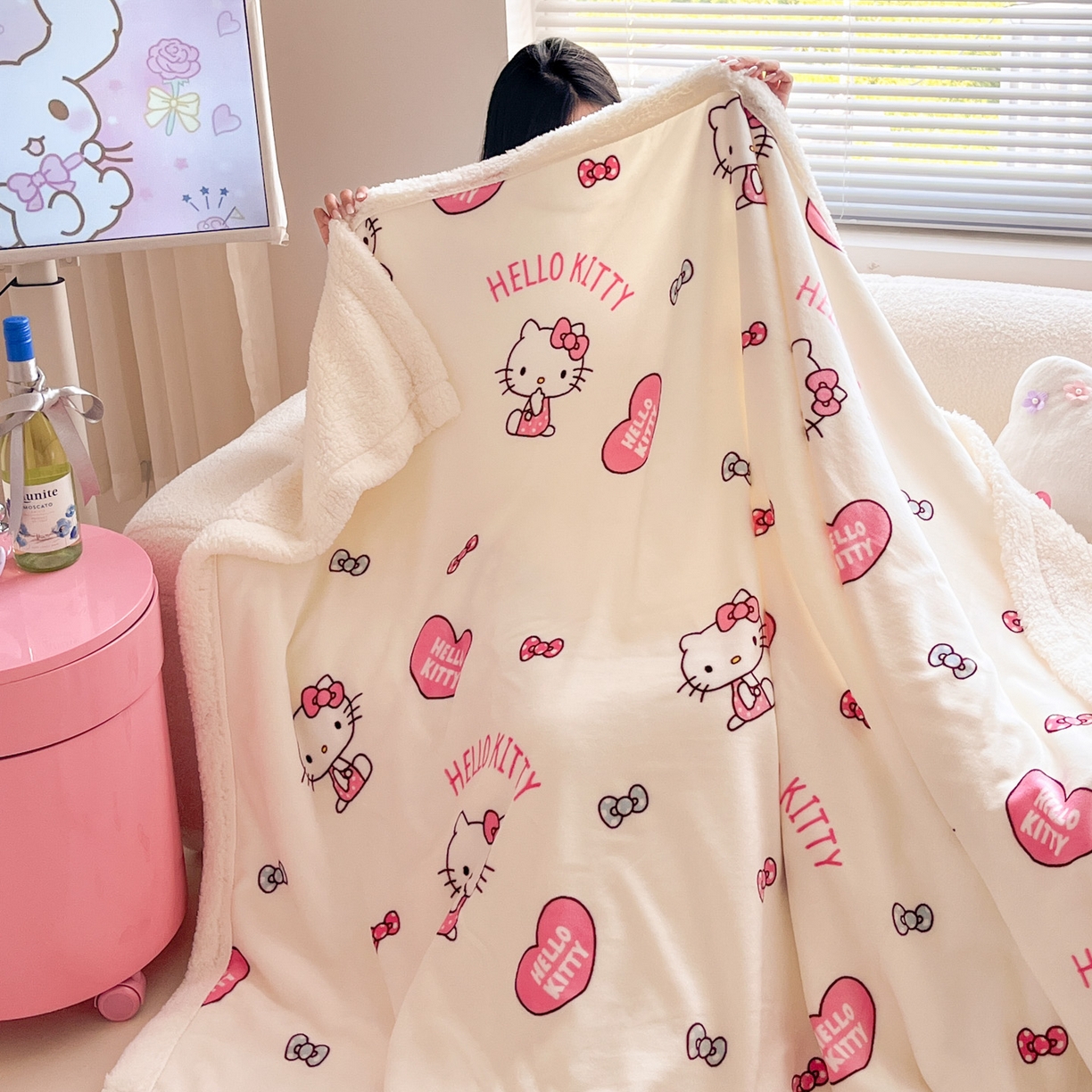 91家纺网 家纺一手货源 找家纺 暮思家居 2025新款三丽鸥正版授权少女可爱卡通加厚牛奶绒羊羔绒毛毯多功能四季毛毯 羊羔绒-蝴蝶结美乐蒂