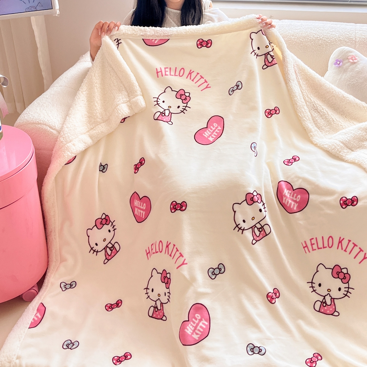 91家纺网 家纺一手货源 找家纺 暮思家居 2025新款三丽鸥正版授权少女可爱卡通加厚牛奶绒羊羔绒毛毯多功能四季毛毯 羊羔绒-蝴蝶结美乐蒂