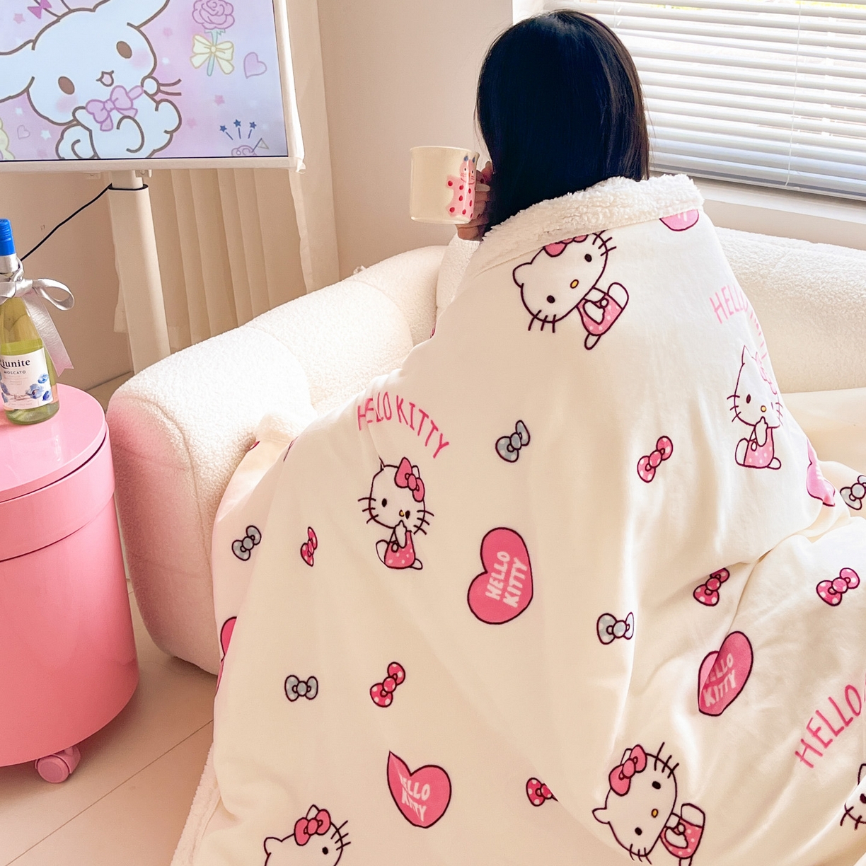 91家纺网 家纺一手货源 找家纺 暮思家居 2025新款三丽鸥正版授权少女可爱卡通加厚牛奶绒羊羔绒毛毯多功能四季毛毯 羊羔绒-蝴蝶结美乐蒂