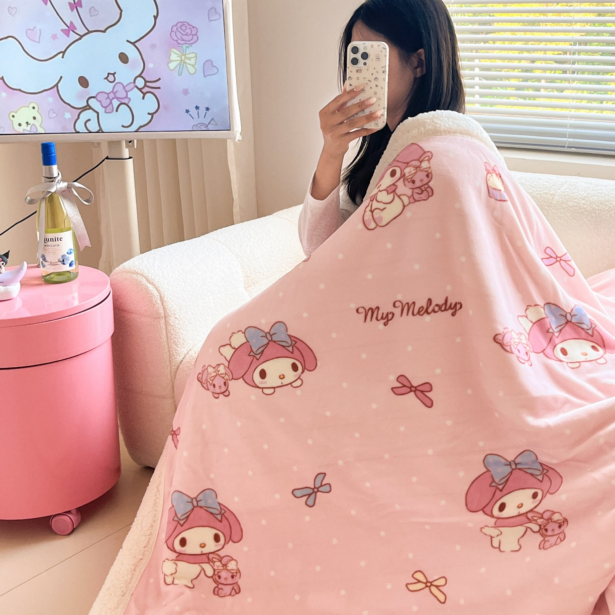 暮思家居 2025新款三丽鸥正版授权少女可爱卡通加厚牛奶绒羊羔绒毛毯多功能四季毛毯 羊羔绒-蝴蝶结KT