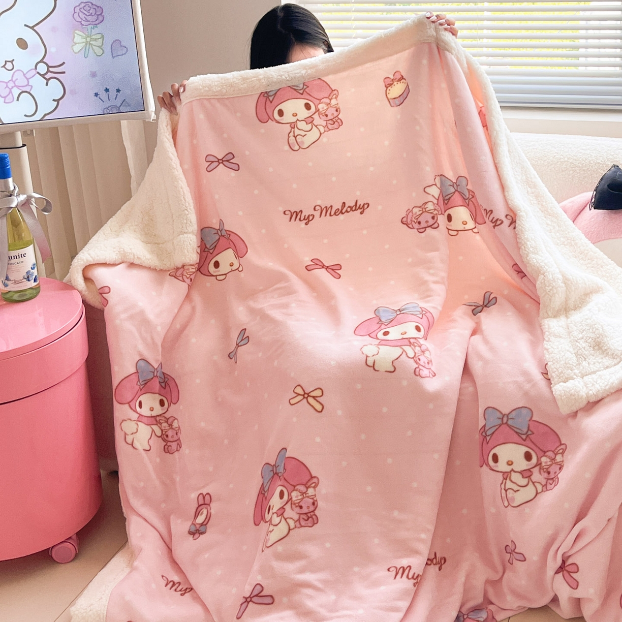 91家纺网 家纺一手货源 找家纺 暮思家居 2025新款三丽鸥正版授权少女可爱卡通加厚牛奶绒羊羔绒毛毯多功能四季毛毯 羊羔绒-蝴蝶结KT