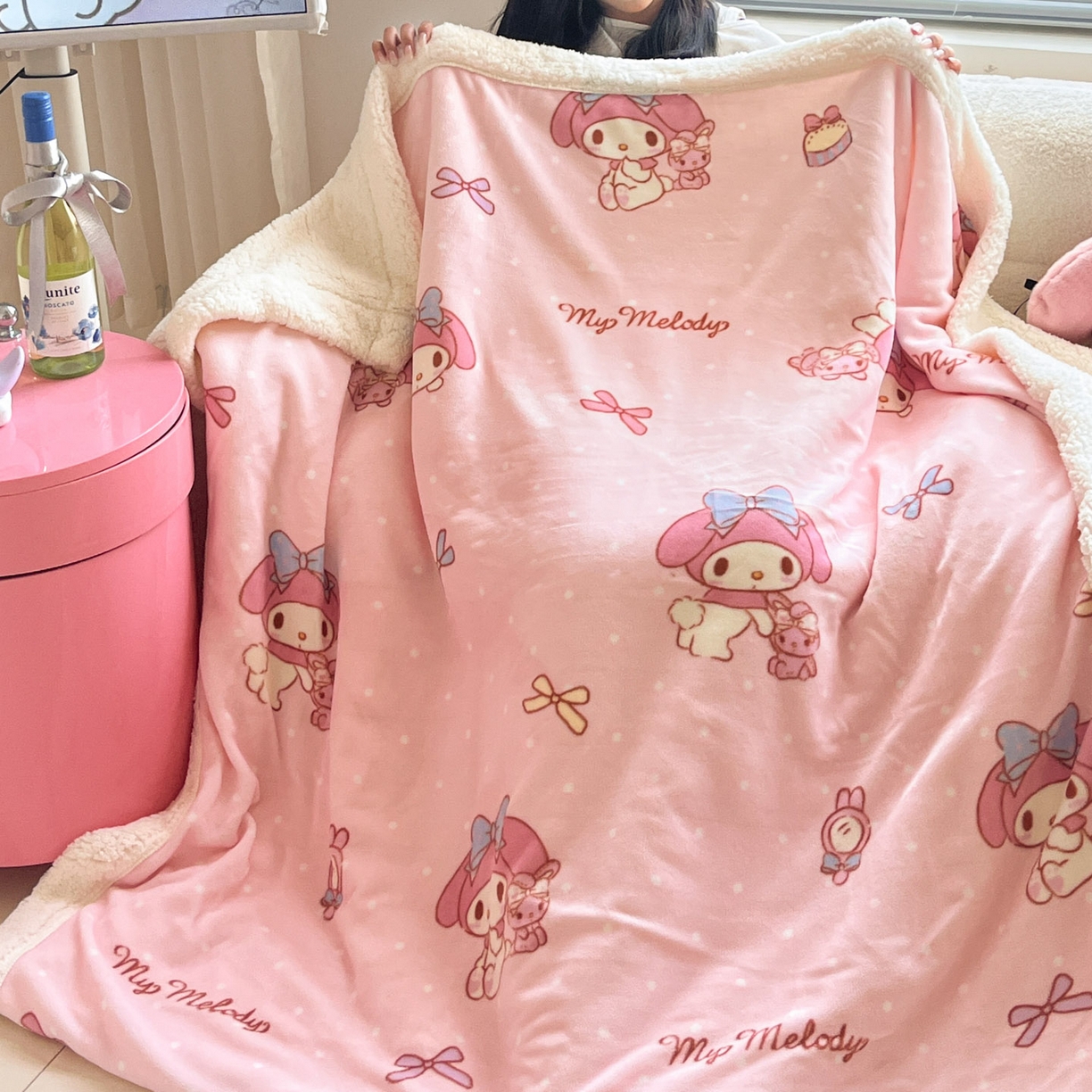 91家纺网 家纺一手货源 找家纺 暮思家居 2025新款三丽鸥正版授权少女可爱卡通加厚牛奶绒羊羔绒毛毯多功能四季毛毯 羊羔绒-蝴蝶结KT