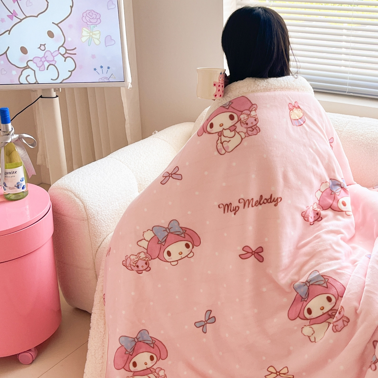 91家纺网 家纺一手货源 找家纺 暮思家居 2025新款三丽鸥正版授权少女可爱卡通加厚牛奶绒羊羔绒毛毯多功能四季毛毯 羊羔绒-蝴蝶结KT