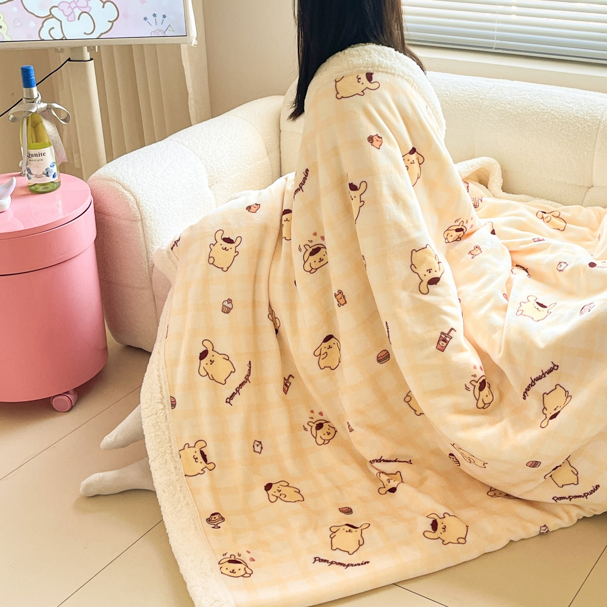 91家纺网 家纺一手货源 找家纺 暮思家居 2025新款三丽鸥正版授权少女可爱卡通加厚牛奶绒羊羔绒毛毯多功能四季毛毯 羊羔绒-焦糖布丁狗