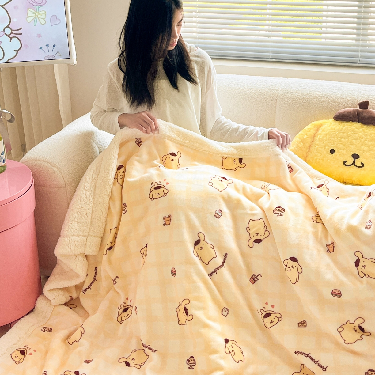 91家纺网 家纺一手货源 找家纺 暮思家居 2025新款三丽鸥正版授权少女可爱卡通加厚牛奶绒羊羔绒毛毯多功能四季毛毯 羊羔绒-焦糖布丁狗