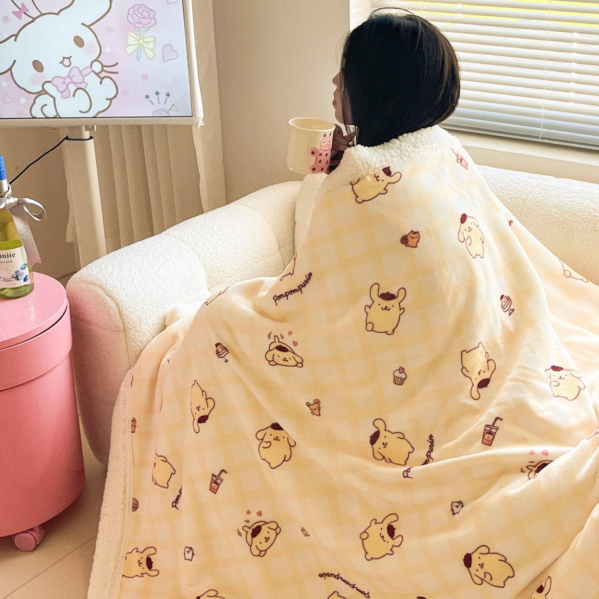 91家纺网 家纺一手货源 找家纺 暮思家居 2025新款三丽鸥正版授权少女可爱卡通加厚牛奶绒羊羔绒毛毯多功能四季毛毯 羊羔绒-焦糖布丁狗