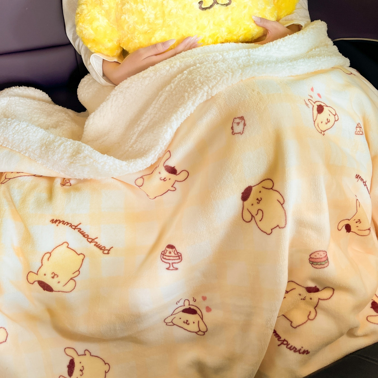 91家纺网 家纺一手货源 找家纺 暮思家居 2025新款三丽鸥正版授权少女可爱卡通加厚牛奶绒羊羔绒毛毯多功能四季毛毯 羊羔绒-焦糖布丁狗