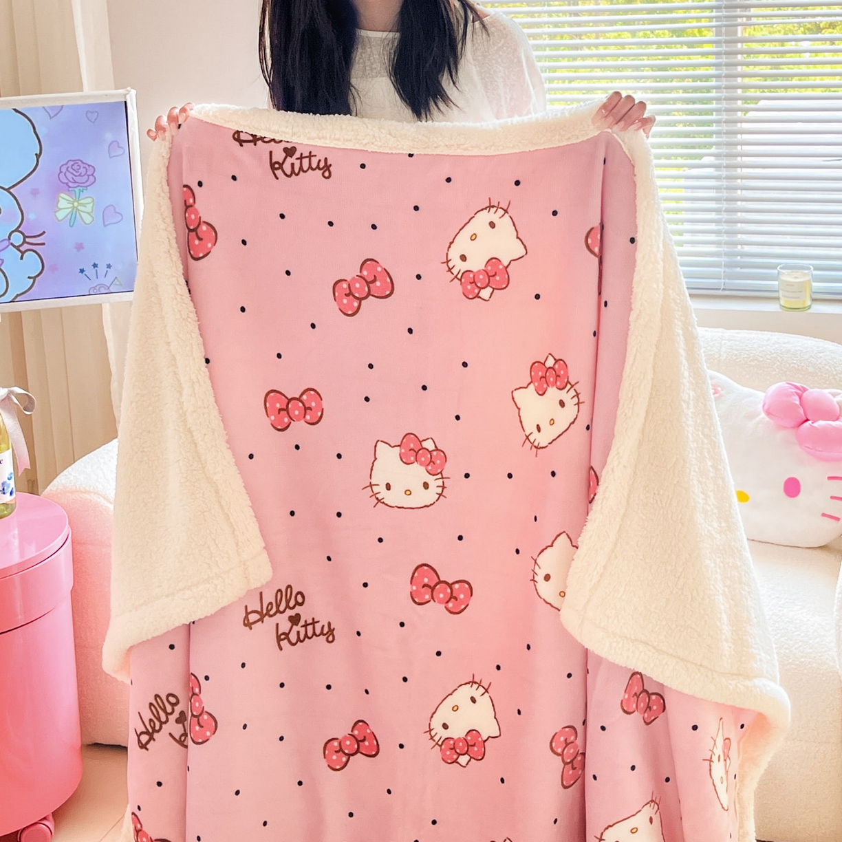 91家纺网 家纺一手货源 找家纺 暮思家居 2025新款三丽鸥正版授权少女可爱卡通加厚牛奶绒羊羔绒毛毯多功能四季毛毯 羊羔绒-可爱KT