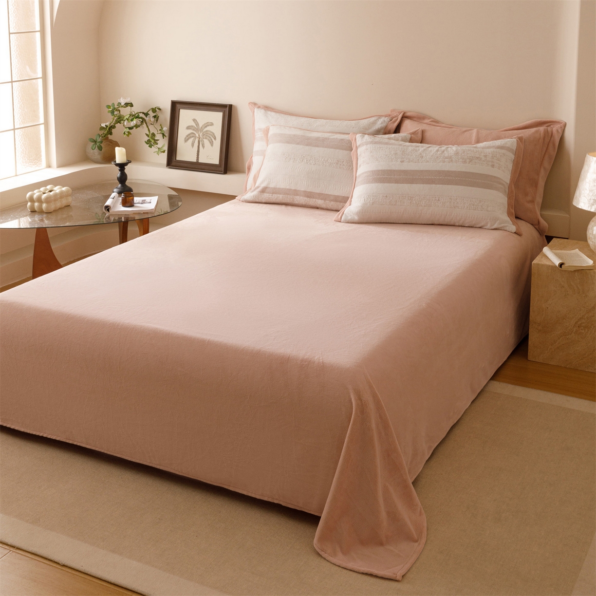 91家纺网 家纺一手货源 找家纺 恬思语家纺 2025新款亲肤舒适无印风宽边立体烂花牛奶绒四件套 简约人生-粉