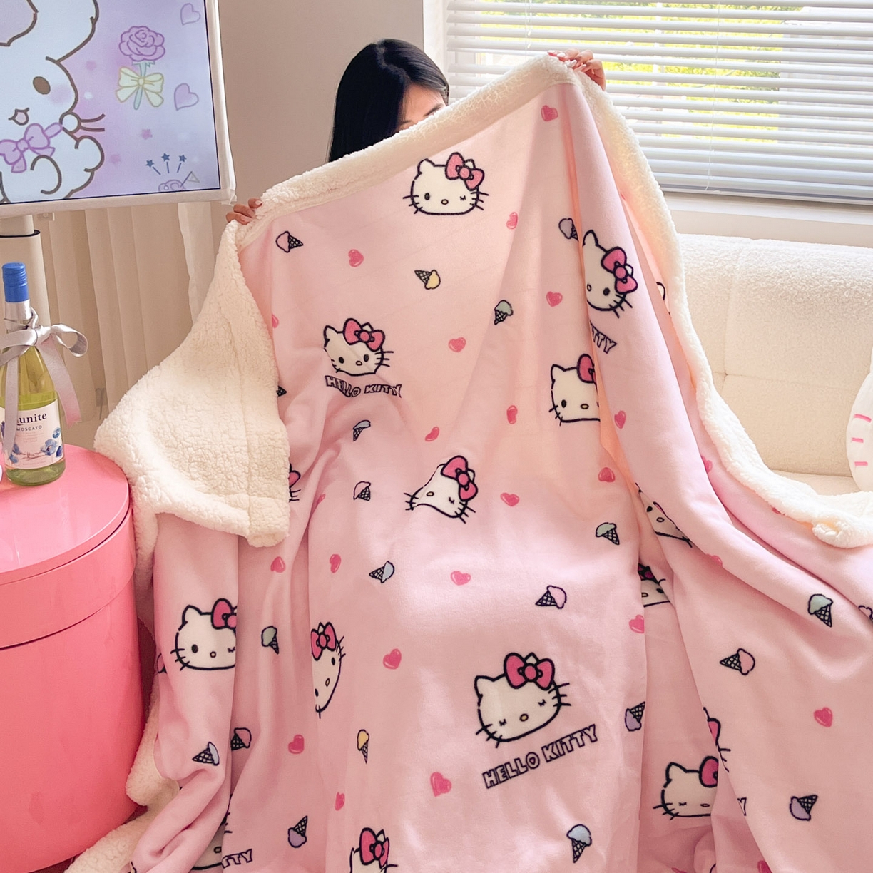 91家纺网 家纺一手货源 找家纺 暮思家居 2025新款三丽鸥正版授权少女可爱卡通加厚牛奶绒羊羔绒毛毯多功能四季毛毯 羊羔绒-甜筒KT