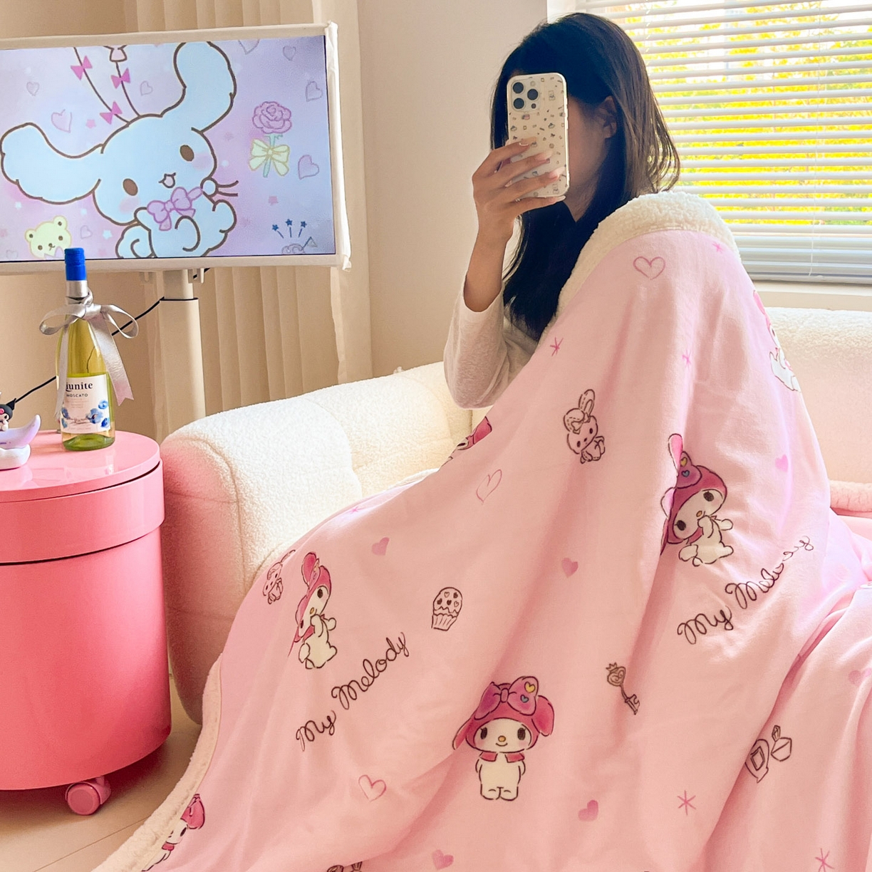 暮思家居 2025新款三丽鸥正版授权少女可爱卡通加厚牛奶绒羊羔绒毛毯多功能四季毛毯 羊羔绒-兔妮美乐蒂