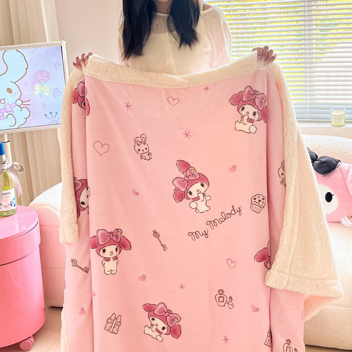 91家纺网 家纺一手货源 找家纺 暮思家居 2025新款三丽鸥正版授权少女可爱卡通加厚牛奶绒羊羔绒毛毯多功能四季毛毯 羊羔绒-兔妮美乐蒂