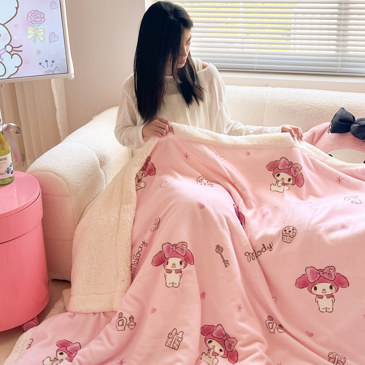 91家纺网 家纺一手货源 找家纺 暮思家居 2025新款三丽鸥正版授权少女可爱卡通加厚牛奶绒羊羔绒毛毯多功能四季毛毯 羊羔绒-兔妮美乐蒂