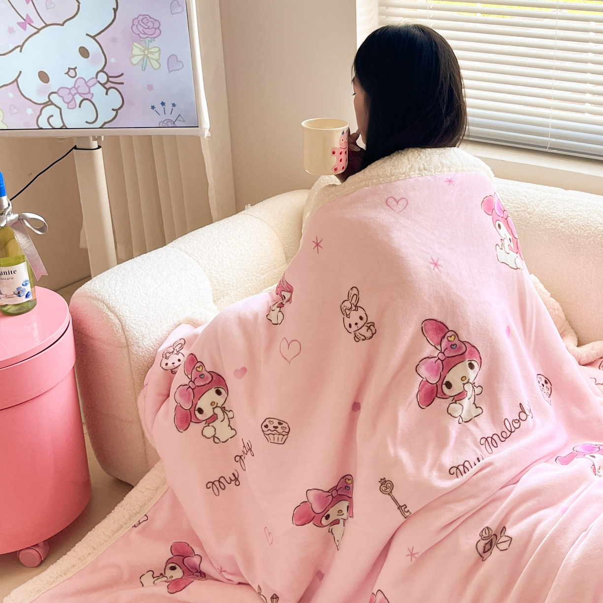 91家纺网 家纺一手货源 找家纺 暮思家居 2025新款三丽鸥正版授权少女可爱卡通加厚牛奶绒羊羔绒毛毯多功能四季毛毯 羊羔绒-兔妮美乐蒂