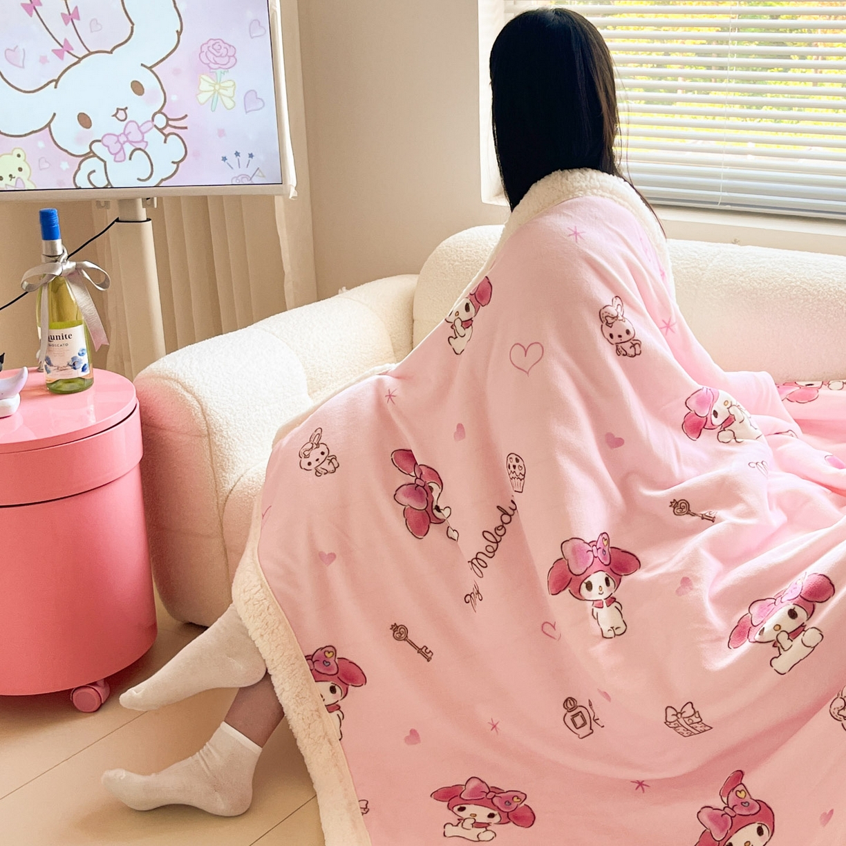 91家纺网 家纺一手货源 找家纺 暮思家居 2025新款三丽鸥正版授权少女可爱卡通加厚牛奶绒羊羔绒毛毯多功能四季毛毯 羊羔绒-兔妮美乐蒂