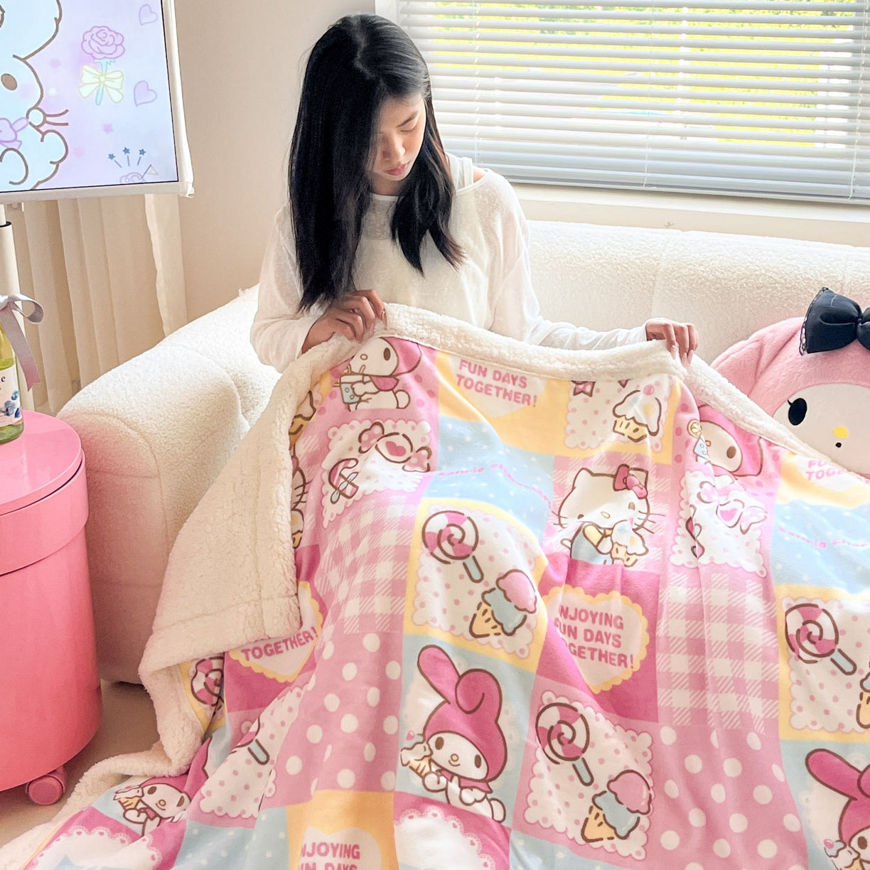 91家纺网 家纺一手货源 找家纺 暮思家居 2025新款三丽鸥正版授权少女可爱卡通加厚牛奶绒羊羔绒毛毯多功能四季毛毯 羊羔绒-KT美乐蒂