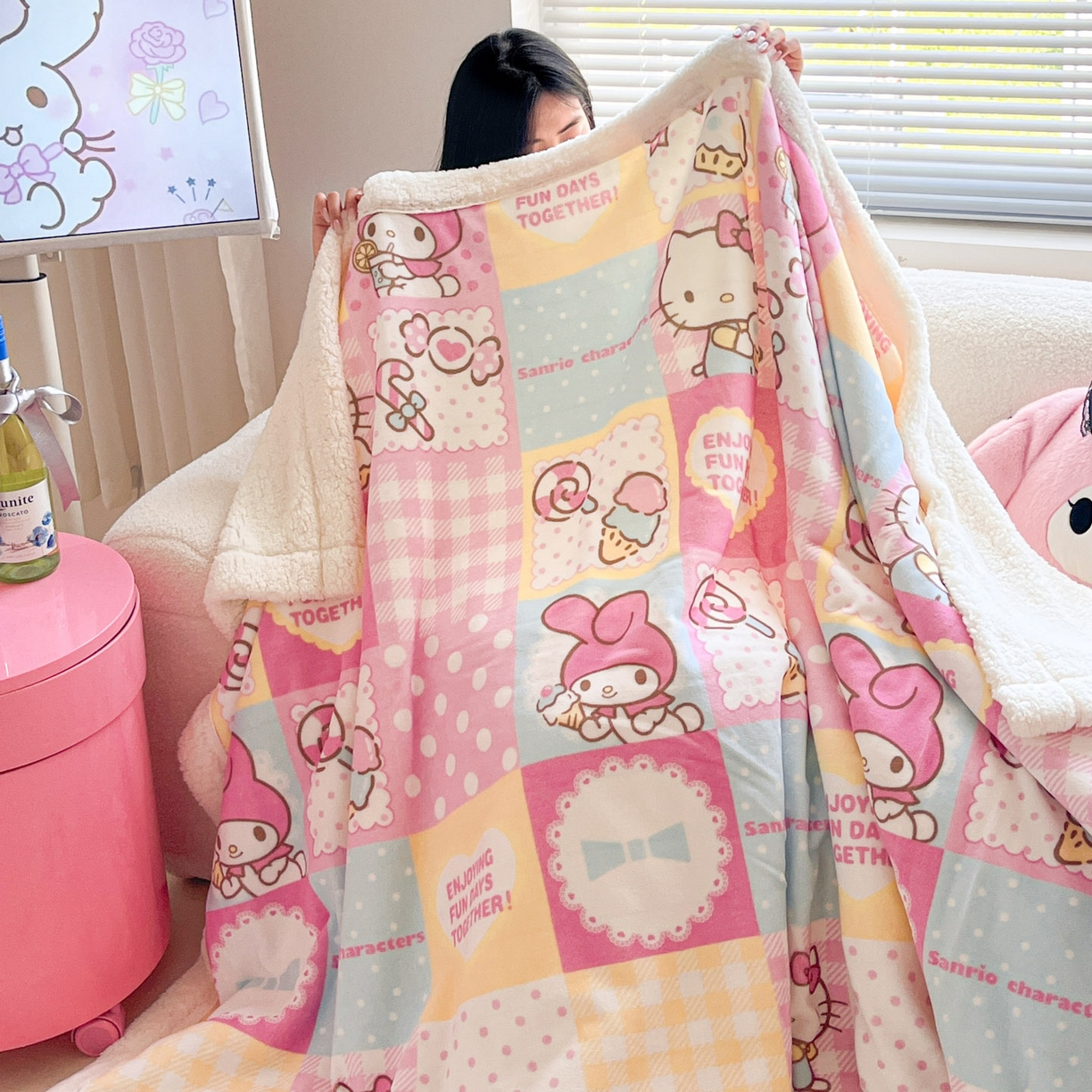 91家纺网 家纺一手货源 找家纺 暮思家居 2025新款三丽鸥正版授权少女可爱卡通加厚牛奶绒羊羔绒毛毯多功能四季毛毯 羊羔绒-KT美乐蒂